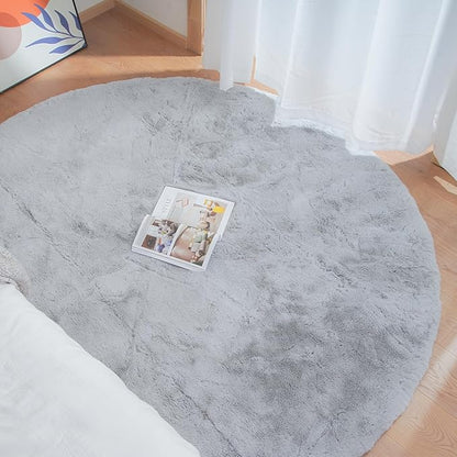 Grey Round Rug 3ft Machine Washable Shaggy Area Rugs for Living Room Faux Bunny Fluffy Fur Rug for Bedroom Small Circle Nursery Rug