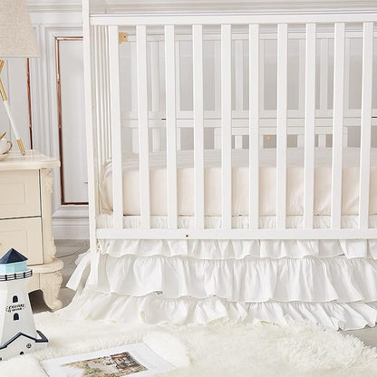 Brandream Crib Skirt Triple Layer Cotton Nursery Bed Skirt for Baby Girls Boys Toddler Bedskirt Solid White Dust Ruffle