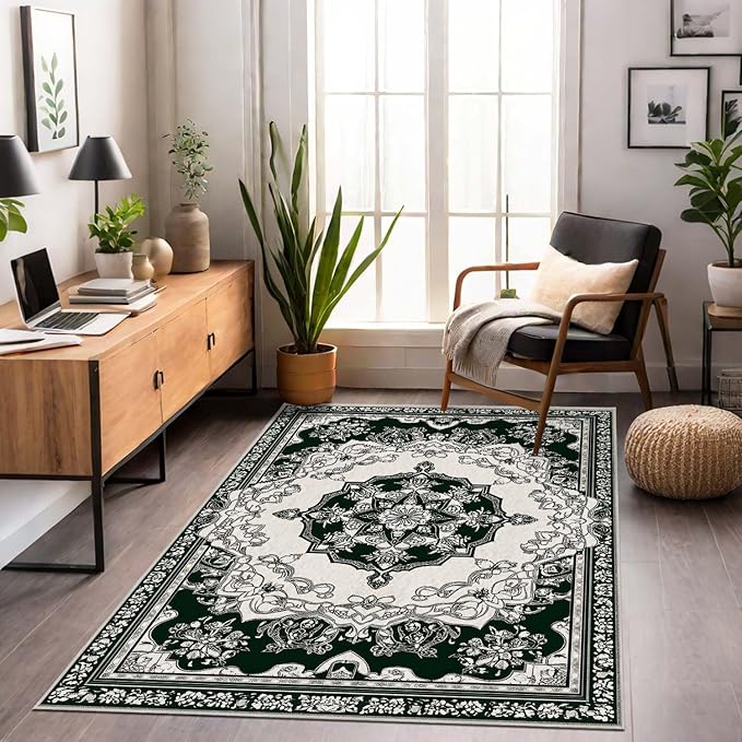 5x7 Traditional Oriental Area Rug Black White Dark Green Rug Non Slip Low Pile Large Carpet for Home Kitchen Living Room Bedroom Dining Room Office