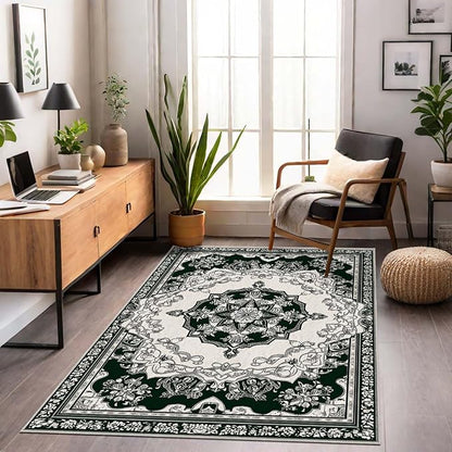 5x7 Traditional Oriental Area Rug Black White Dark Green Rug Non Slip Low Pile Large Carpet for Home Kitchen Living Room Bedroom Dining Room Office