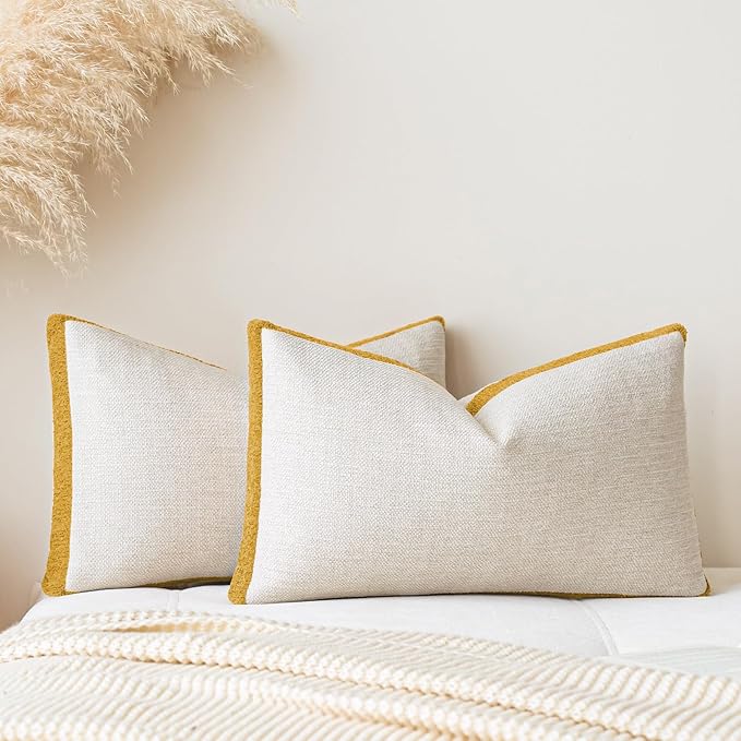 a moment Loop Yarn Linen-Like Pillow Cover Natural Soft Decorative Throw Pillow Case Farmhouse 12x20 Inch, Bohemian Textured Cushion Cover for Sofa Bed, Wrinkle-Resistant Home Decor Mustard Yellow