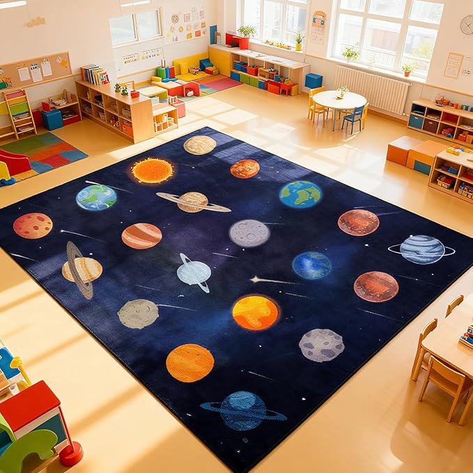 Kids Play Rugs 8'x10' Kids Rugs for playroom, Kid Educational Rug Classroom Rug, Space Planet Rug Space Planet Theme Play Mat for Living Room Dining Room Classroom Decor