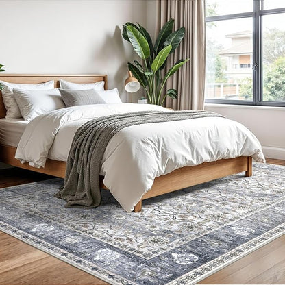 KUTA Vintage Floral Area Rug 6x9 Grey Blue, Washable Rugs for Living Room Non Slip, Ultra Thin Soft Print Distressed Flower Low-Pile Traditional Farmhouse Carpet for Bedroom Dining Room Dorm Office