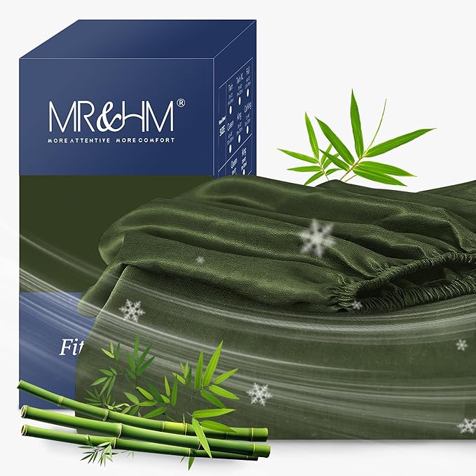MR&HM California King Fitted Sheet, Ultra-Soft Rayon Derived from Bamboo & Polyester Blend, Silky & Breathable, 15" Deep Pocket with Elastic Straps, Cooling Fitted Sheet for Hot Sleepers, Olive Green