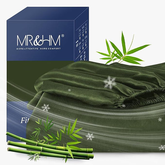 MR&HM Twin XL Fitted Sheet Only, Ultra-Soft Rayon Derived from Bamboo & Polyester Blend, Silky & Breathable, 15" Deep Pocket with Elastic Straps, Cooling Fitted Sheet for Hot Sleepers, Olive Green