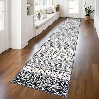 KUTA Boho Hallways Runner Rugs 2x12, Moroccan Washable Kitchen Rug Non-Slip Vintage Black Navy Blue 12ft Ultra Soft Distressed Geometric Floor Carpet Runners for Bedroom Laundry Living Room