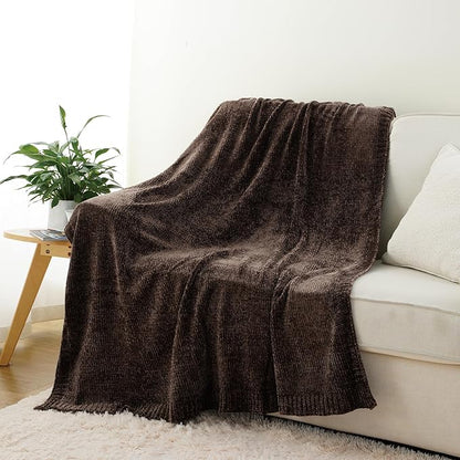 BATTILO HOME Dark Brown Throw Blanket for Couch, Soft Chenille Throw Blankets for Bed, Sofa, Home Decorative Chocolate Brown Throw Blanket, Knitted Cozy Brown Blanket, 51"x67"