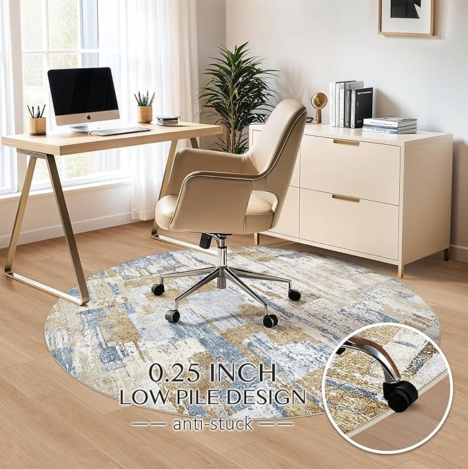 Abstract Living Room Rug 6x6 - Modern Washable Soft Thin Area Rug for Living Room Bedroom Under Dining Table - Neutral Indoor Floor Rug Carpets for Home Office Playroom Nursery - Blue Gold