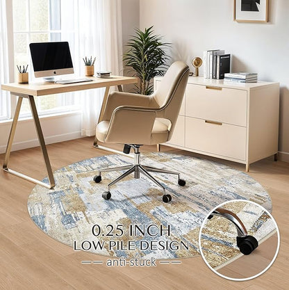Abstract Living Room Rug 6x6 - Modern Washable Soft Thin Area Rug for Living Room Bedroom Under Dining Table - Neutral Indoor Floor Rug Carpets for Home Office Playroom Nursery - Blue Gold