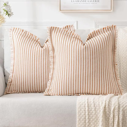 MIULEE Pack of 2 Orange Throw Pillow Covers 24x24 Inch Striped Farmhouse Couch Pillowcases with Fringe Chic Linen Decorative Euro Sham Cushion Covers for Halloween Sofa Living Room Bed Home Decor