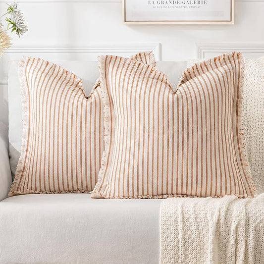 MIULEE Pack of 2 Orange Throw Pillow Covers 24x24 Inch Striped Farmhouse Couch Pillowcases with Fringe Chic Linen Decorative Euro Sham Cushion Covers for Halloween Sofa Living Room Bed Home Decor