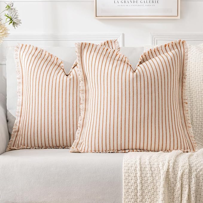 MIULEE Pack of 2 Orange Pillow Covers 18x18 Inch Striped Farmhouse Couch Throw Pillow Covers with Fringe Chic Linen Decorative Cushion Covers for Halloween Sofa Living Room Bed Outdoor Home Decor