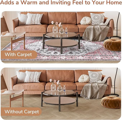 OPPODREAM Thin Area Rugs 9x12 Living Room, Washable Rugs 9x12 with Non Slip Backing, Faux Cashmere Low-Pile 9 x 12 Carpet, Pink & Cream
