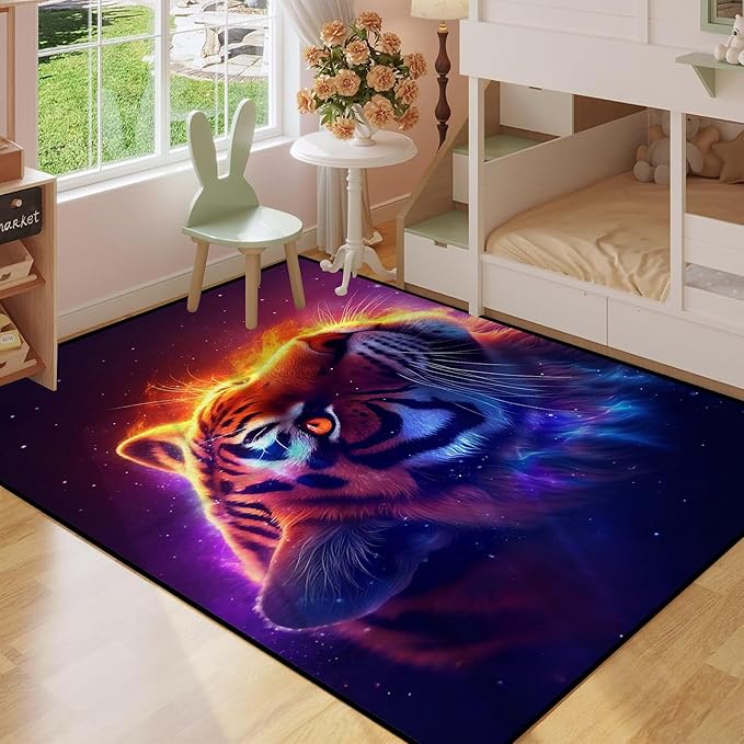 Galaxy Tiger Rug Large 3D Fierce Tigers Area Rugs for Bedroom Living Room Playroom Gameroom Boys Kids Fire Glitter Carpet Throw Rugs Floor Mat 71 in x 47 in