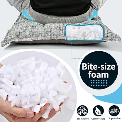 SINSOSSO Large Floor Pillows 22", Thickened Bite-Size Memory Foam Square Non-Slip Cushions for Office Back Support/Yoga/Chair Seat, Fashionable Color-Blocked Fabric & Washable, White-Gray, 2 PCS
