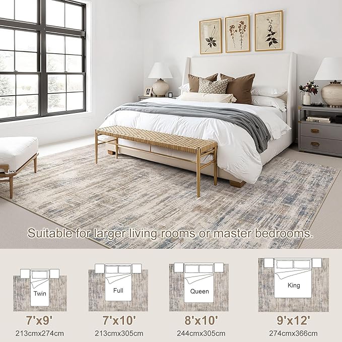 Area Rug for Living Room: 7x9 Washable Neutral Abstract Modern Soft Rugs Non Slip Indoor Floor Stain Resistant Large Carpet for Bedroom Dining Room Office Nursery - Brown