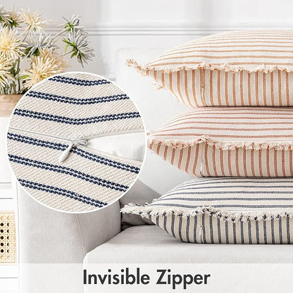 MIULEE Pack of 2 Navy Blue Pillow Covers 22x22 Inch Striped Farmhouse Couch Throw Pillow Covers with Fringe Chic Linen Decorative Cushion Covers for Sofa Living Room Bed Outdoor Home Decor