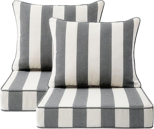 Outdoor Patio Chair Cushions Set, 24" x 24", Set of 2, Water-Repellent, Fade Resistant, Deep Seat Bottom and Back Cushion for Backyard, Couch, Sofa and Patio Furniture, Gray Stripe