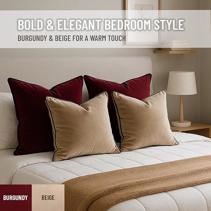 2 Pack Velvet Decorative Throw Pillow Covers, 20"x20", Beige and Brown, Solid, Modern, Contrast Piping, Indoor Use, Bedroom & Living Room