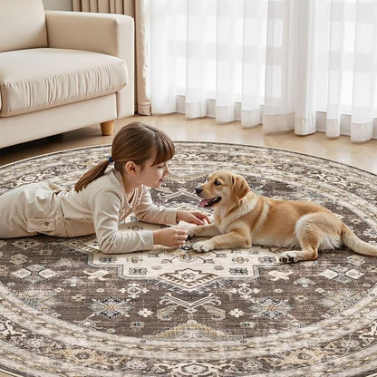 8ft Round Vintage Living Room Area Rug - 8x8 Large Soft Washable Oriental Traditional Distressed Farmhouse Rugs for Bedroom - Indoor Floor Accent Carpet for Home Office House Decor - Dark Brown