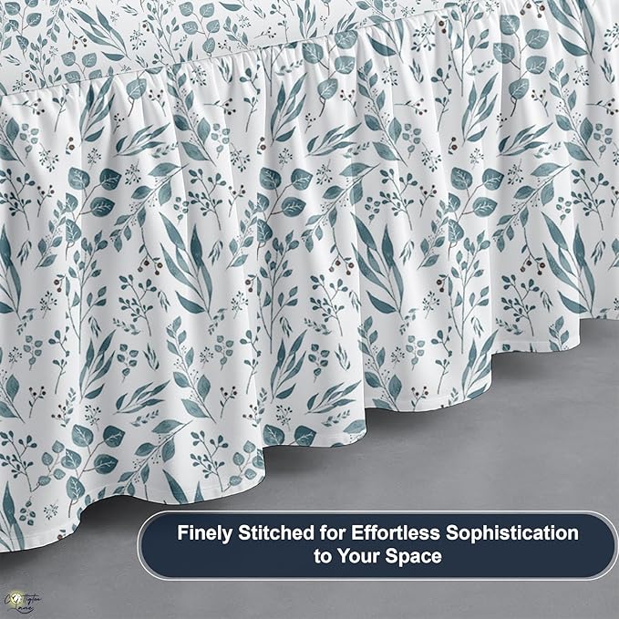 Cottington Lane Ruffled Bed Skirt Full Size with Split Corner, Brushed Microfiber Hotel Quality Dust Ruffle, 12" Drop Gathered Bedskirt, Soft, Stylish, Shrink & Fade Resistant, Tranquil Green Petals