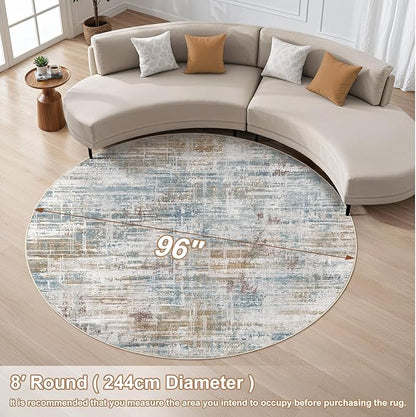 8ft Round Area Rug for Living Room: 8x8 Washable Neutral Abstract Modern Soft Rugs Non Slip Indoor Floor Stain Resistant Carpet for Bedroom Dining Room Office Nursery - Blue Brown