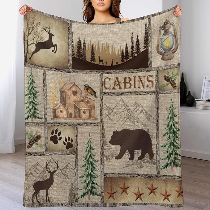 Rustic Cabin Bear Blanket, Lake Country Lodge Bear Deer Forest Farmhouse Camp Print Soft Warm Cozy Lightweight Decorative Blanket for Couch Bed Sofa Travel, 60"x80"