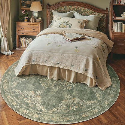 jinchan Round Rug 7ft Area Rugs, Vintage Floral Distressed Design Machine Washable Soft Non-Slip Low-Pile Ultra-Thin Christmas Circle Rug for Living Room Dining Room Home Office (7' Round, Dark Green)