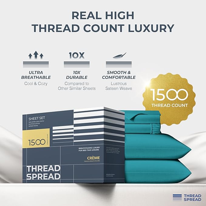 THREAD SPREAD 100% Egyptian Cotton Sheets California King Size Bed Set - 4 PC 1500 Luxury High Thread Count Teal Cal King Bed Sheets, Silky Soft, Cooling, Sateen, 17" Deep Pocket Bedsheet Set