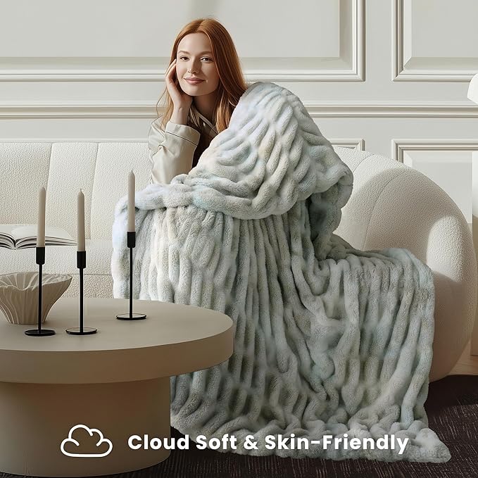 Ultra Soft Cozy Faux Fur Throw Blanket, Fuzzy Plush Thick Bubble Blanket, Oversize Luxury Fluffy Blanket for Couch, Sofa, Bedroom, and Living Room,50x60 Inches,Double Sided Tie-Dye Grey