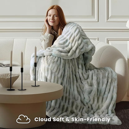 Ultra Soft Cozy Faux Fur Throw Blanket, Fuzzy Plush Thick Bubble Blanket, Oversize Luxury Fluffy Blanket for Couch, Sofa, Bedroom, and Living Room,50x60 Inches,Double Sided Tie-Dye Grey