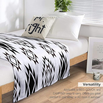 Boho Throw Blanket, Black and White Native Blankets, Vintage Tribal Aztec Printed Flannel Blanket for Chair Bed Sofa Couch 60"x80"