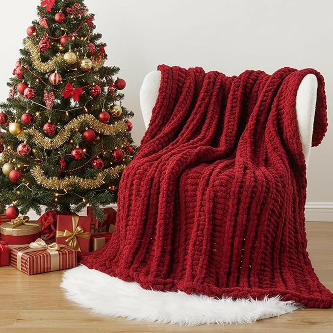 Battilo Dark Red Chunky Knit Throw Blanket, Christmas Red Throw Blanket for Couch, Super Soft Cozy Warm Blankets, Burgundy Chenille Throw Blanket for Living Room, Christmas Decorations, 50"x60"