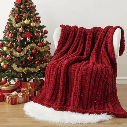 Battilo Dark Red Chunky Knit Throw Blanket, Christmas Red Throw Blanket for Couch, Super Soft Cozy Warm Blankets, Burgundy Chenille Throw Blanket for Living Room, Christmas Decorations, 50"x60"