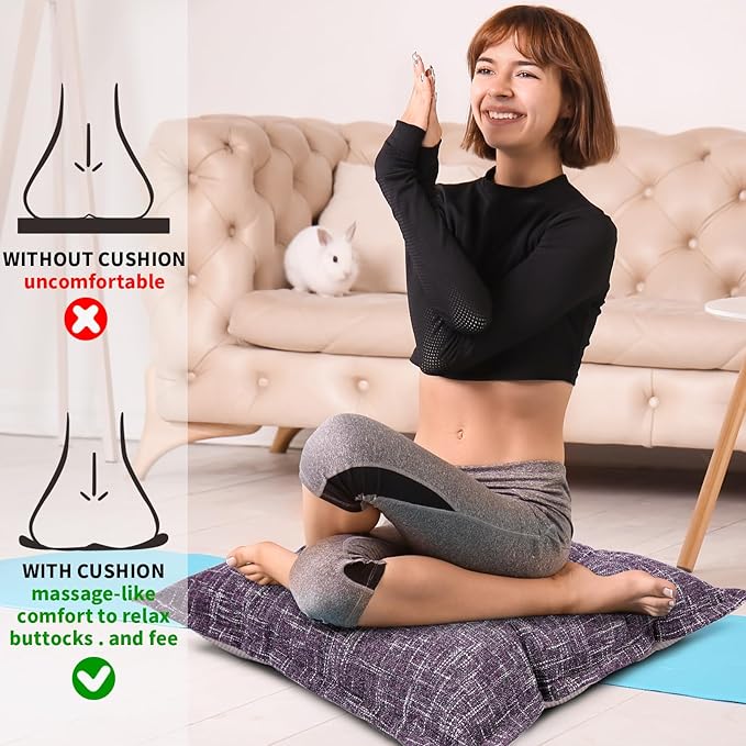 SINSOSSO Large Floor Pillows 22", Thickened Bite-Size Memory Foam Square Non-Slip Cushions for Office Back Support/Yoga/Chair Seat, Fashionable Color-Blocked Fabric & Washable, Purple, 2 PCS