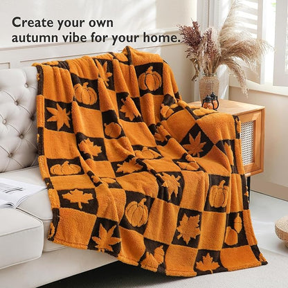 SOCHOW Fall Decor Jacquard Throw Blanket, Fuzzy Soft Warm Pumpkin Maple Leaves Plaid Autumn Checkered Blanket for Couch, Sofa and Bed, 50 x 60 Inches, Orange/Black