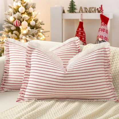 ZWJD Throw Pillow Covers 12x20 Set of 2 Striped Pillow Covers with Fringe Chic Cotton Decorative Pillows Square Cushion Covers for Sofa Couch Bed Living Room Farmhouse Decor