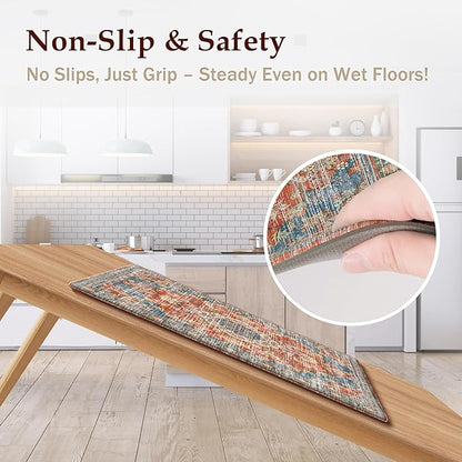 Boho Kitchen Mats for Floor 2 Piece Set Anti Fatigue Cushioned PVC Kitchen Rugs Non Slip Waterproof Farmhouse Mats 2/5 Inch Comfort Standing Mat for Sink, Laundry, 17.3"x59"+17.3"x28", Retro Red