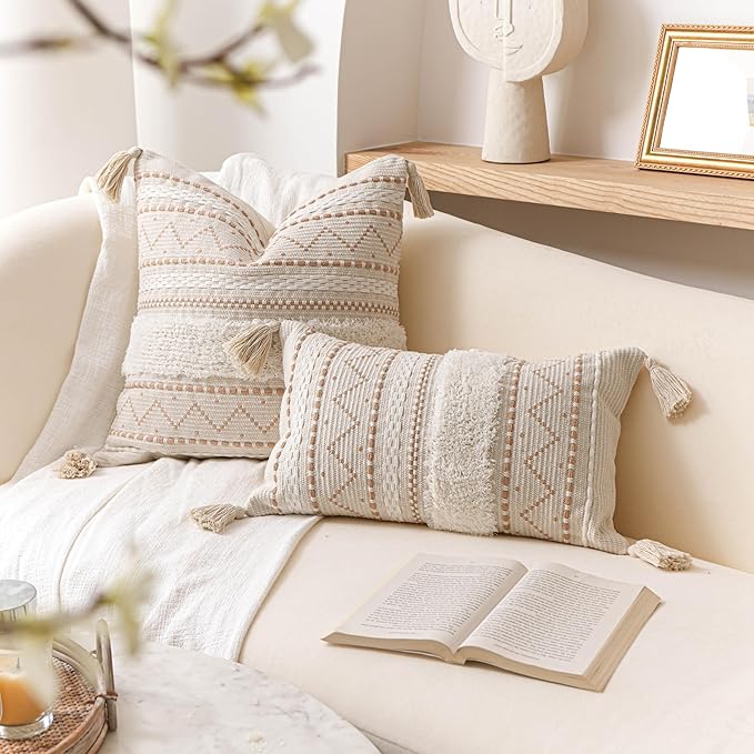 BlissBlush Decorative Lumbar Throw Pillow Cover 12x20 Combo Set of 2 Cream Neutral White Rectangular Boho Accent Pillowcase Farmhouse Cushion for Couch Sofa Bedroom Living Home Décor Cover ONLY