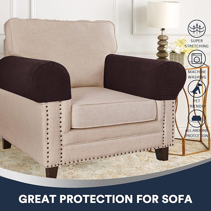 Stretch Sofa Arm Covers Spandex Jacquard Anti-Slip Couch Arm Covers with Sticker Furniture Armrest Protector for Sofa Couch Chair Recliner, Set of 2, Brown