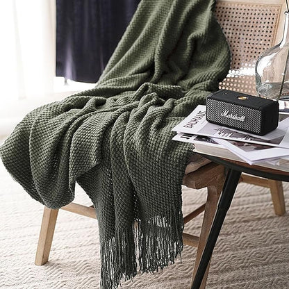 LOMAO Knitted Throw Blanket with Tassels Bubble Textured Lightweight Throws for Couch Cover Home Decor (Dark Olive, 50x60)