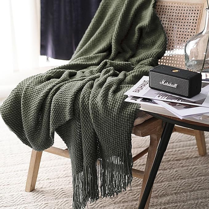LOMAO Knitted Throw Blanket with Tassels Bubble Textured Lightweight Throws for Couch Cover Home Decor (Dark Olive, 60x80)