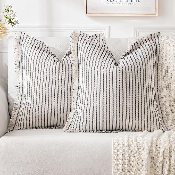MIULEE Pack of 2 Navy Blue Pillow Covers 20x20 Inch Striped Farmhouse Couch Throw Pillow Covers with Fringe Chic Linen Decorative Cushion Covers for Sofa Living Room Bed Outdoor Home Decor