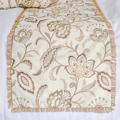 The HomeCentric King/Queen/Twin Beige Decorative Bed Runner CA King 86"x18" Bed Runner with One Pillow Cover, Floral, Pearl, Jute Lace, Embroidery Bed Scarf on Cotton Fabric - Floral Luster