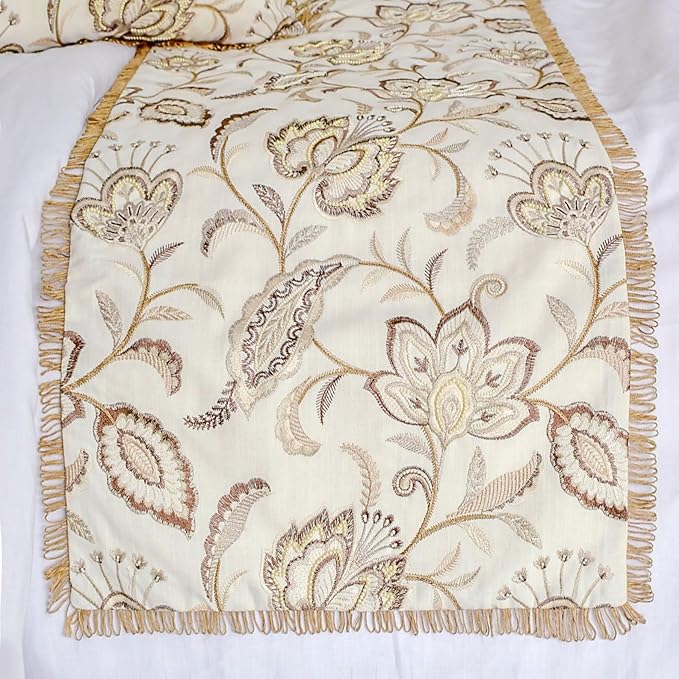 The HomeCentric King/Queen/Twin Beige Decorative Bed Runner Twin 53"x18" Bed Runner with One Pillow Cover, Floral, Pearl, Jute Lace, Embroidery Bed Scarf on Cotton Fabric - Floral Luster
