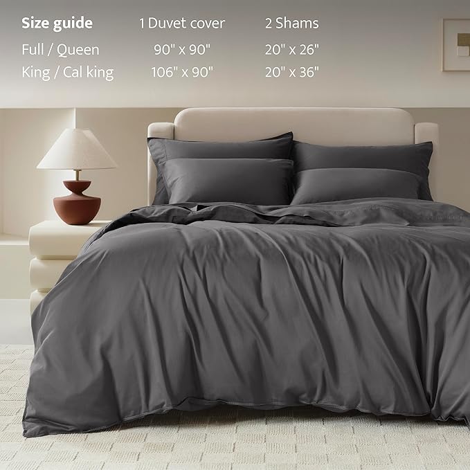 Double Stitch Cotton Tencel Duvet Cover - Queen Size Comforter Cover, Luxury & Soft Eucalyptus Lyocell Bedding Set for Hot Sleepers, Cooling, Smooth & Breathable, Button Closure, Ash Black, 90"x90"