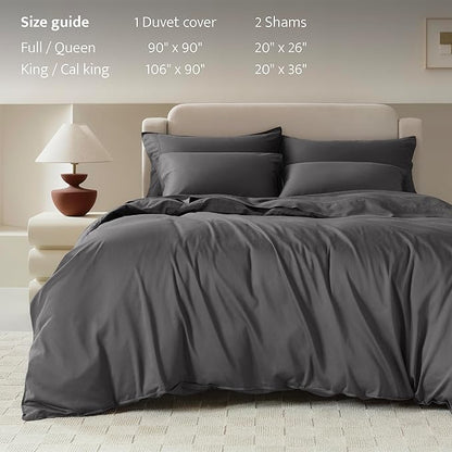 Double Stitch Cotton Tencel Duvet Cover - Queen Size Comforter Cover, Luxury & Soft Eucalyptus Lyocell Bedding Set for Hot Sleepers, Cooling, Smooth & Breathable, Button Closure, Ash Black, 90"x90"