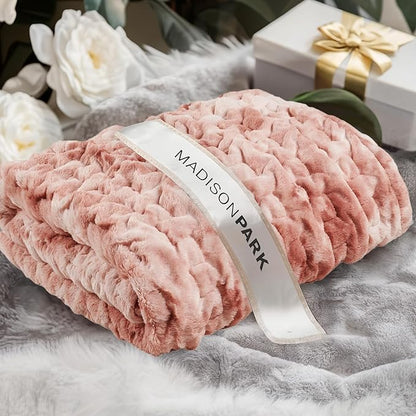 Madison Park Faux Fur Throw, Luxurious Ruched Texture, Fuzzy Warm, Plush Mink-Like Reverse, All Season, Lightweight & Cozy Blanket-Throw for Sofa, Couch, Living Room & Office 50" x 60" Pink Tie Dye