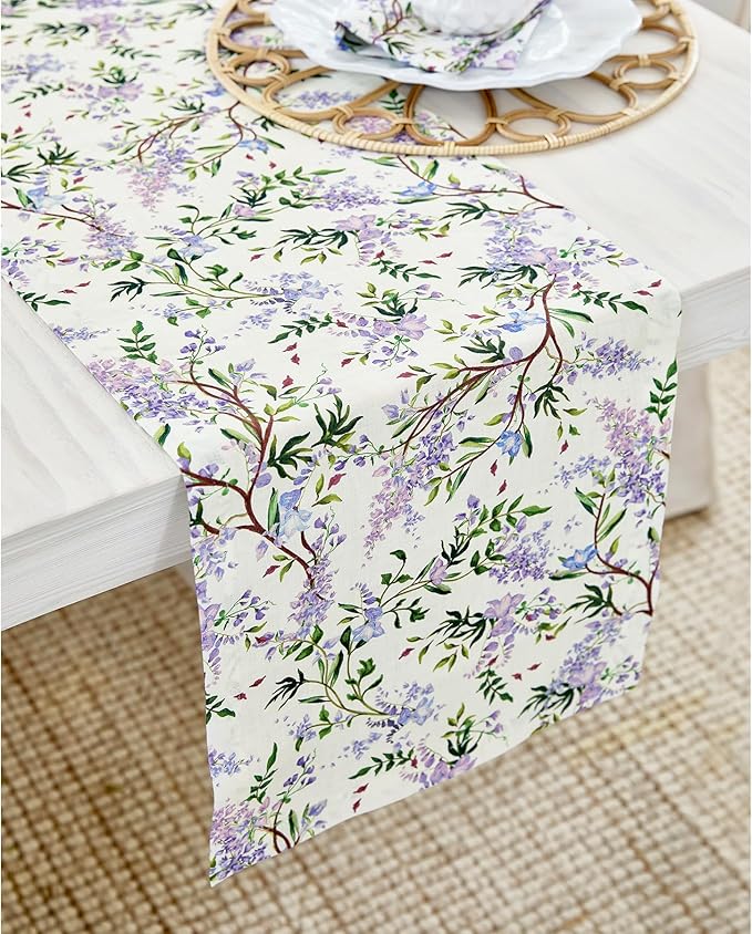 Solino Home Lilacs Floral Print Table Runner 48 inch - 100% Pure Linen Table Runner 14 x 48 Inch - Handcrafted and Machine Washable - Lilacs/Off White Print