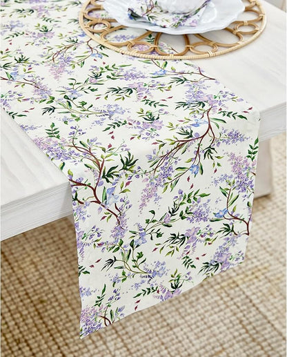 Solino Home Lilacs Floral Print Table Runner 48 inch - 100% Pure Linen Table Runner 14 x 48 Inch - Handcrafted and Machine Washable - Lilacs/Off White Print